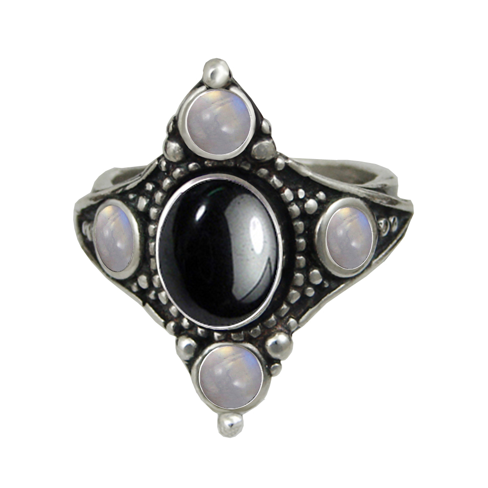 Sterling Silver Renaissance Queen's Ring With Hematite And Rainbow Moonstone Size 10